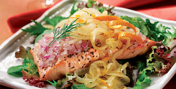 Chilled Salmon Salad with Orange Citrus Onions National Onion Assocuiation