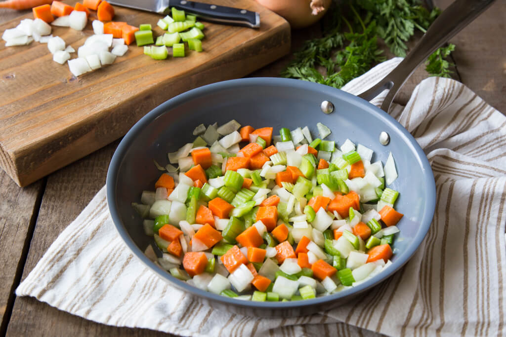 A mirepoix (a mix of onions, carrots, and celery) ready to be cooked as the start to many delicious recipes! Read more about Onions Around the World at onions-usa.org!