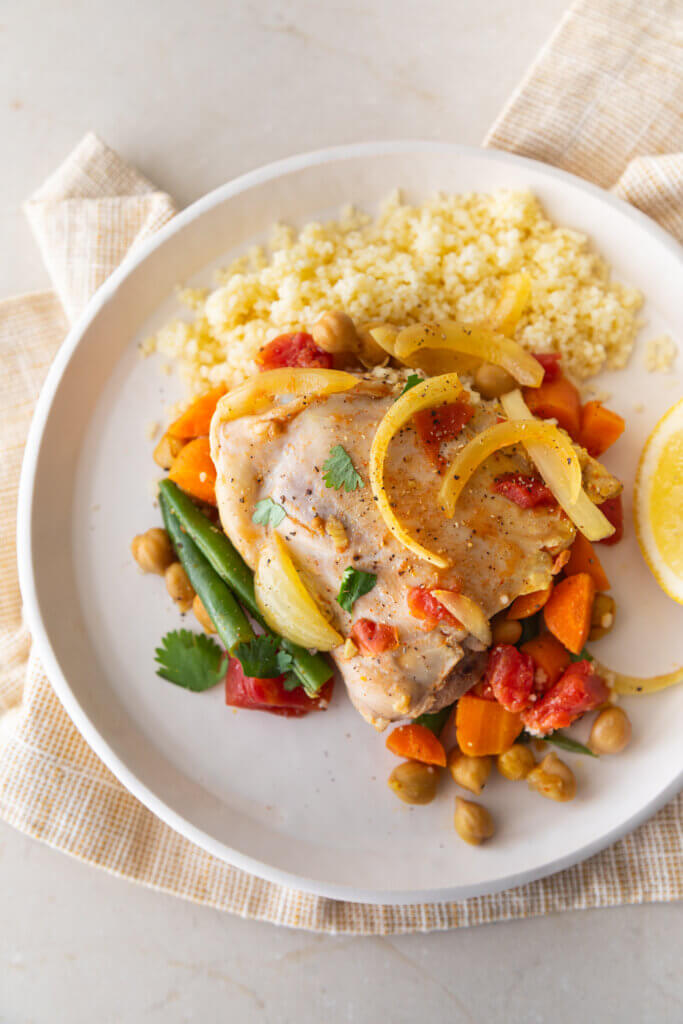 Slow-Cooker Tagine on white napkin and white background