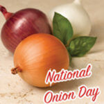 three onions on marble with the words National Onion Day