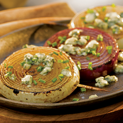 Grilled Balsamic Onions with Bleu Cheese Crumbles